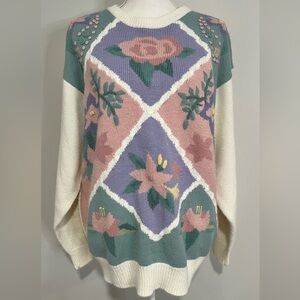 Vintage 90s Alfred Dunner Pastel Floral Argyle Style Print Sweater